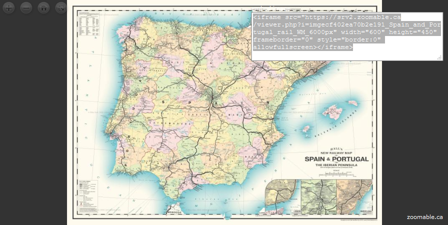 Zoomable Map of the railway network in Spain and Portugal. Embed Code is shown at the top right corner.